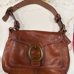 Coach Cognac Leather Shoulder Bag with Brass Ring Accent
